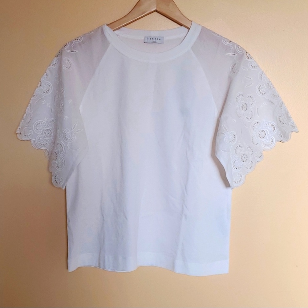 Sandro Paris White Top With Eyelit Sleeve Size 1 New WO Tag!